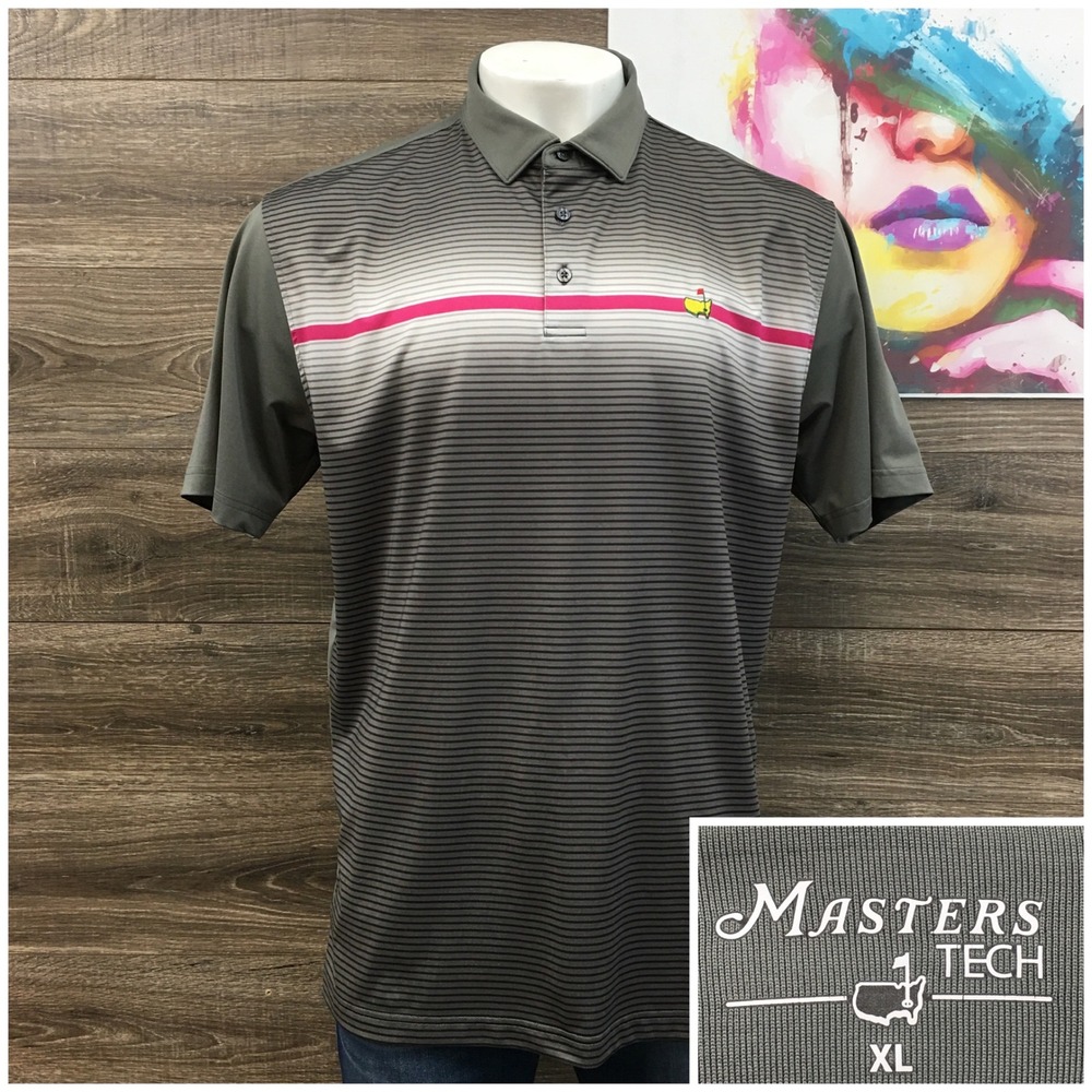 Masters Tech Golf Polo Shirt Mens XL Gray Olive Green Striped Pink Accent Logo